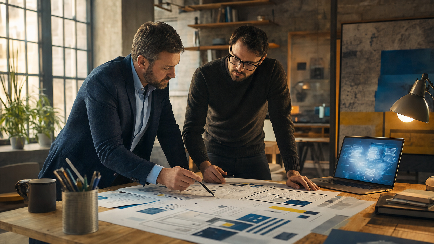 Керівник B2B-компанії та веб-стратег обговорюють структуру корпоративного сайту в робочій студії