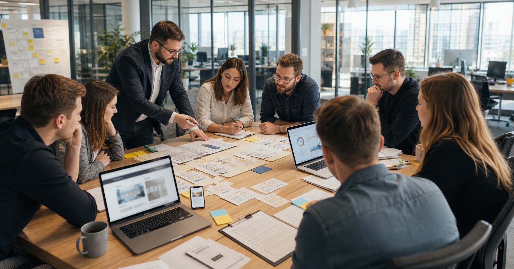 Editorial-сцена: команда готує перенесення сайту без втрати SEO у світлому open-space офісі