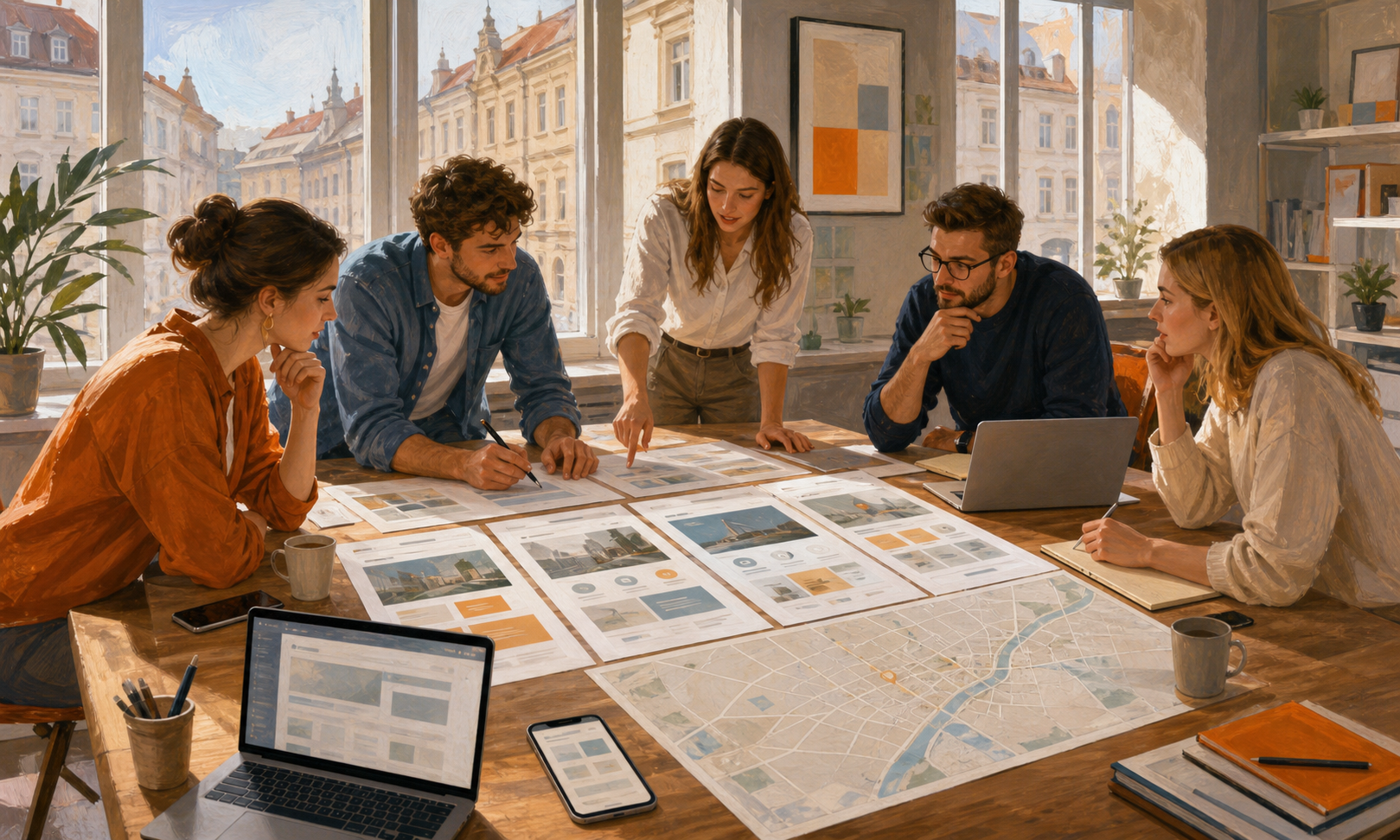 Сайт для локального бизнеса: какие страницы нужны на старте Editorial-иллюстрация: команда планирует структуру сайта для локального бизнеса в светлой студии
