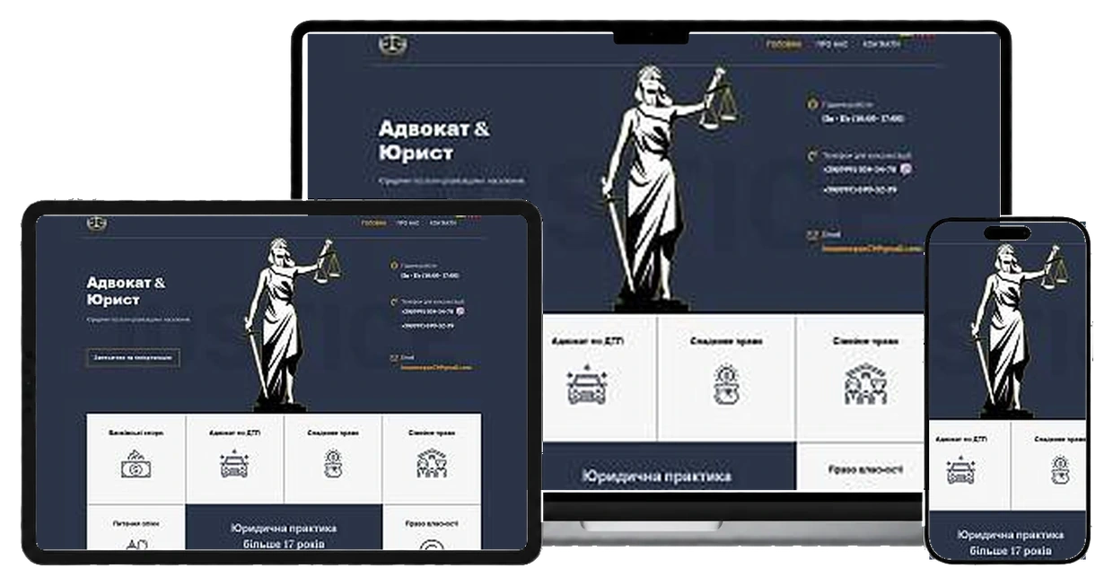Редизайн сайта адвоката на экранах ноутбука, планшета и смартфона