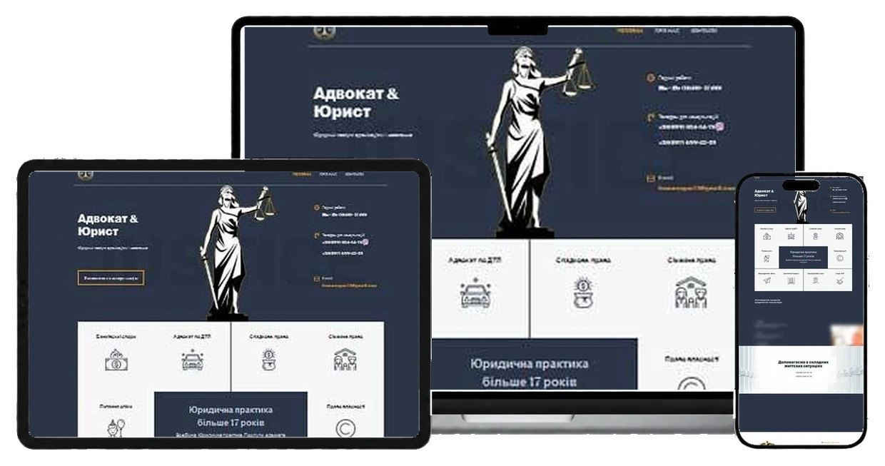 Редизайн сайту адвоката на екранах ноутбука, планшета і смартфона