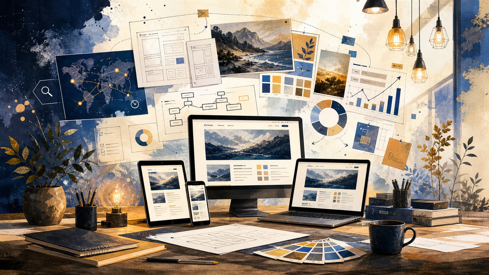 Художественная иллюстрация планирования сайта компании: дизайн, SEO, структура, аналитика и адаптивные устройства
