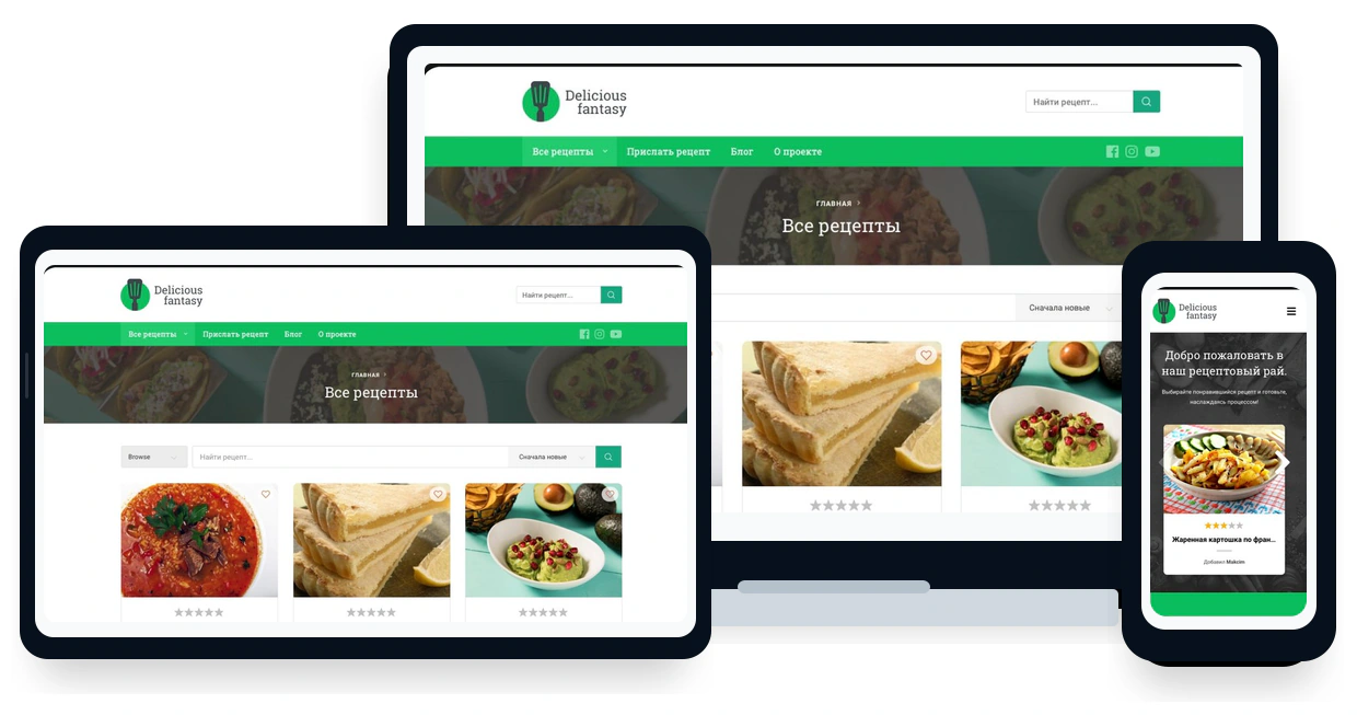 Сайт рецептів на екранах desktop, tablet і mobile
