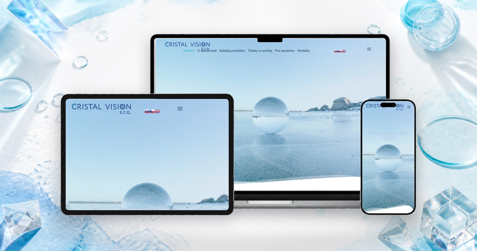 Landing page CristalVision на экранах desktop, tablet и mobile