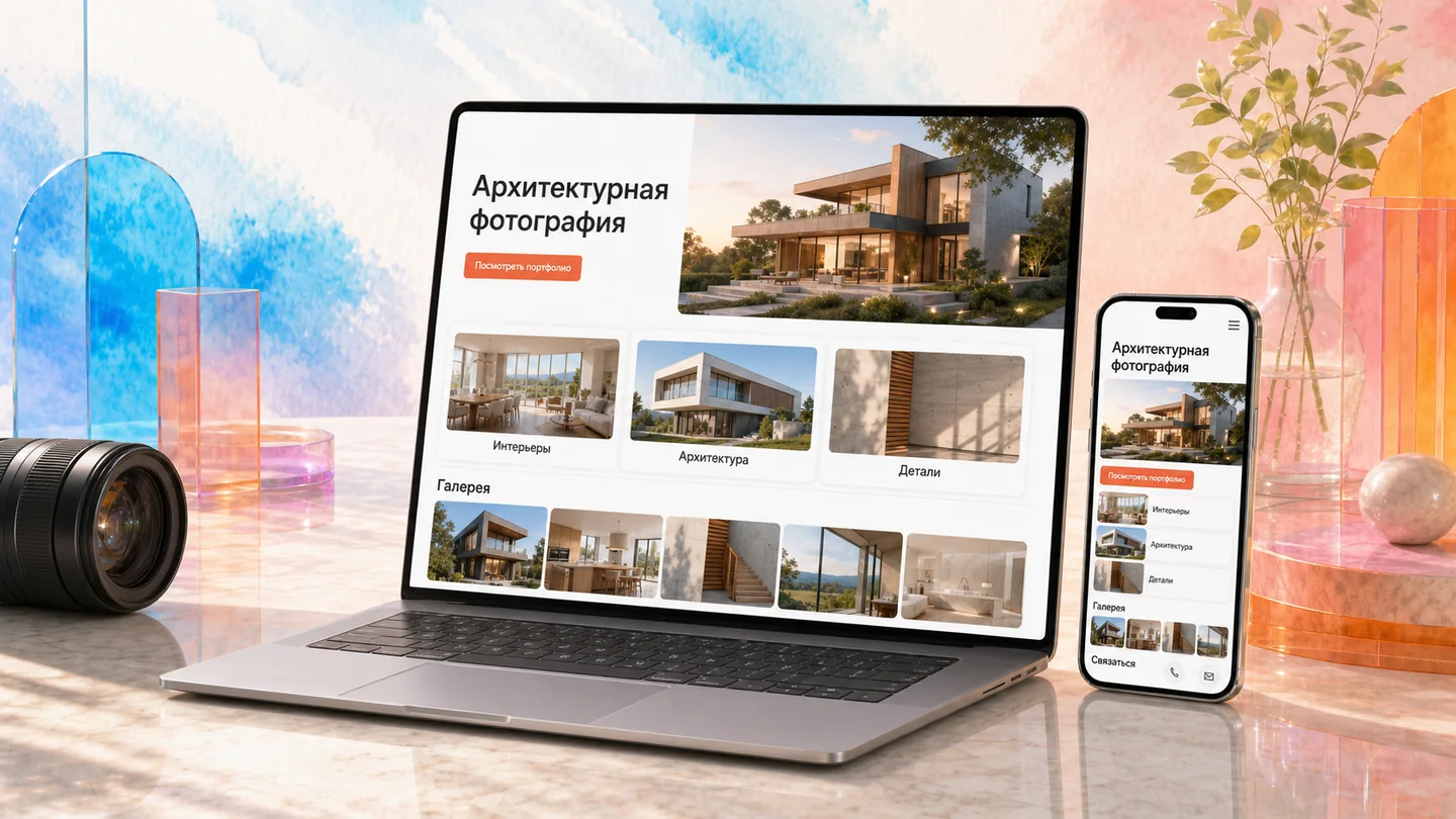Сайт-визитка архитектурного фотографа на компьютере и смартфоне