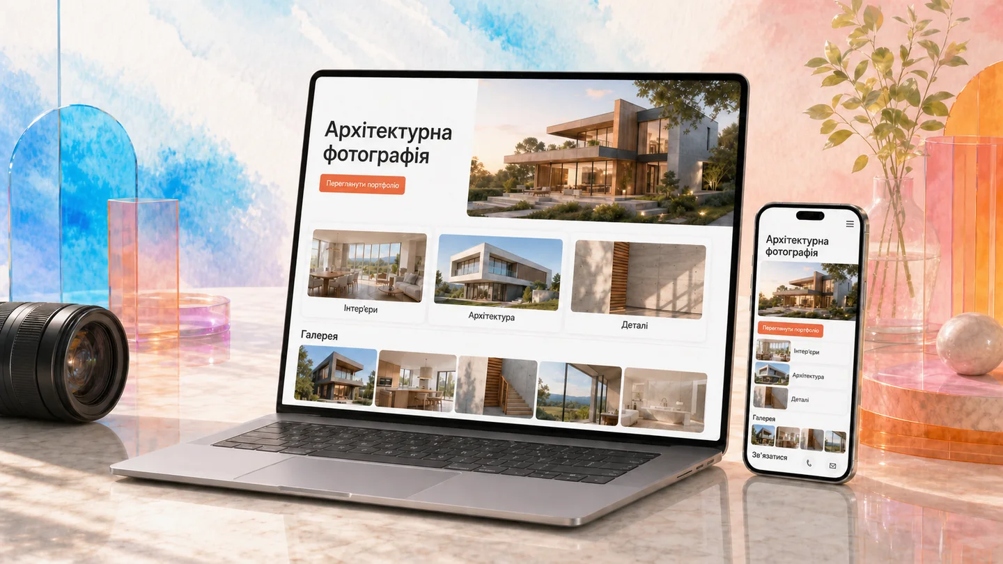 Сайт-візитка архітектурного фотографа на комп’ютері та смартфоні