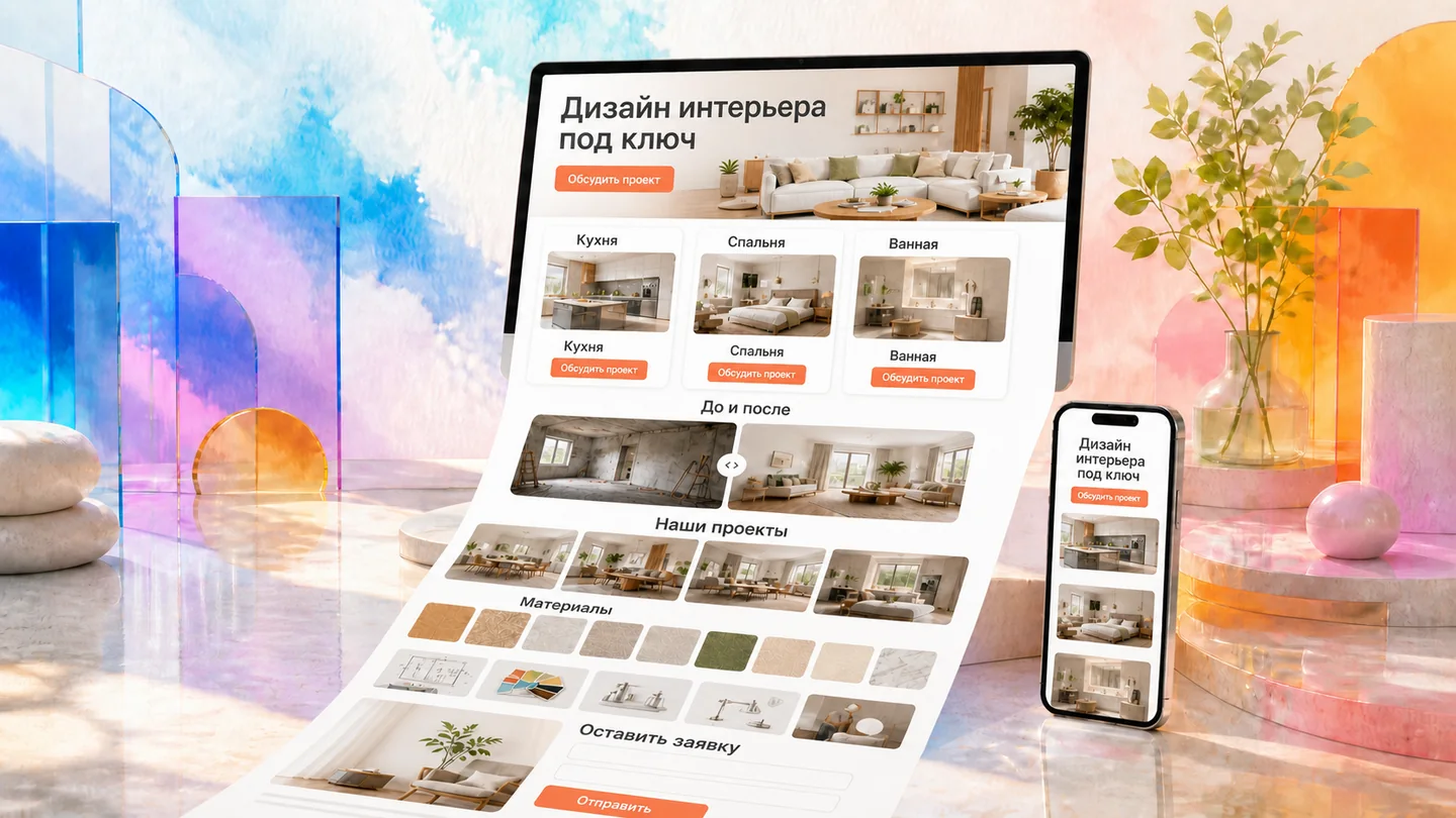 Предметный landing page студии интерьера с проектами и формой заявки
