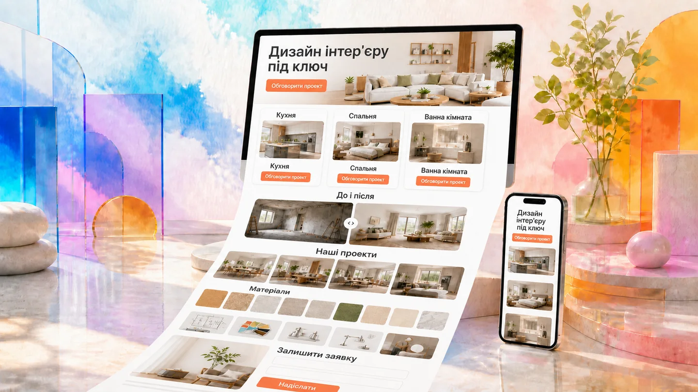 Предметний landing page студії інтер’єру з проєктами та формою заявки