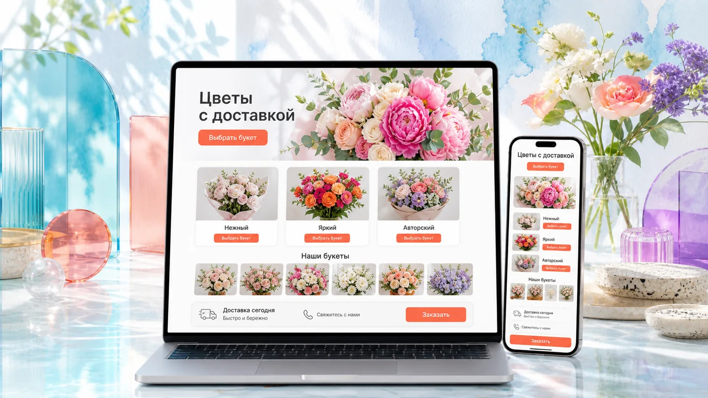 Предметный пример мини-сайта цветочной студии на ноутбуке и смартфоне