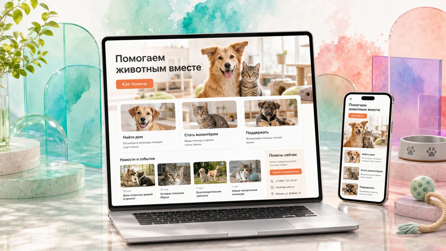 Сайт организации помощи животным с питомцами и формой поддержки