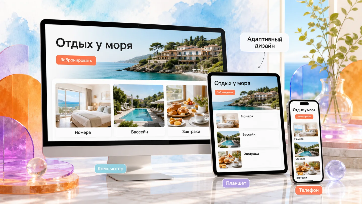 Адаптивный сайт отеля на компьютере, планшете и смартфоне