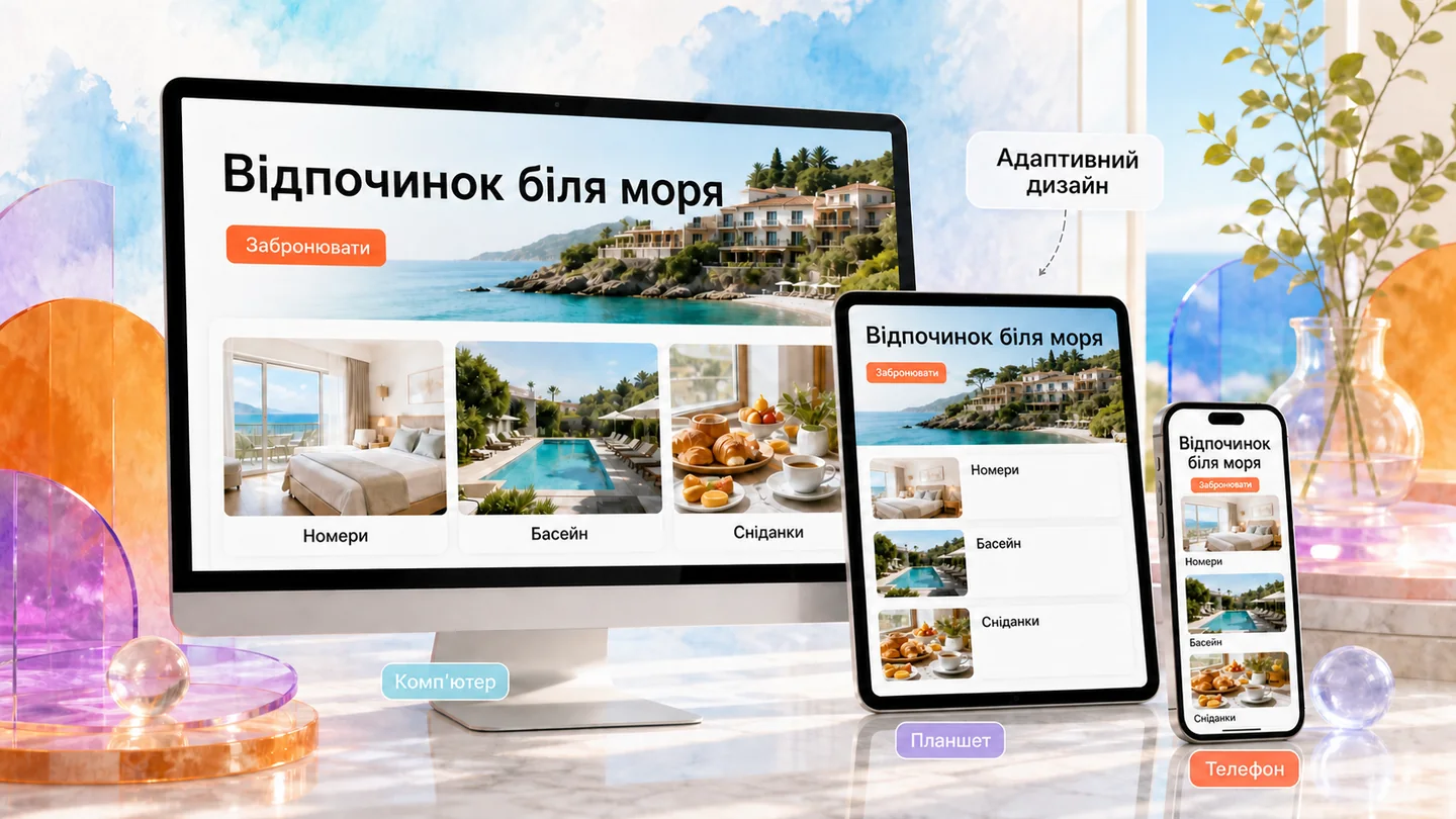 Адаптивний сайт готелю на комп’ютері, планшеті та смартфоні
