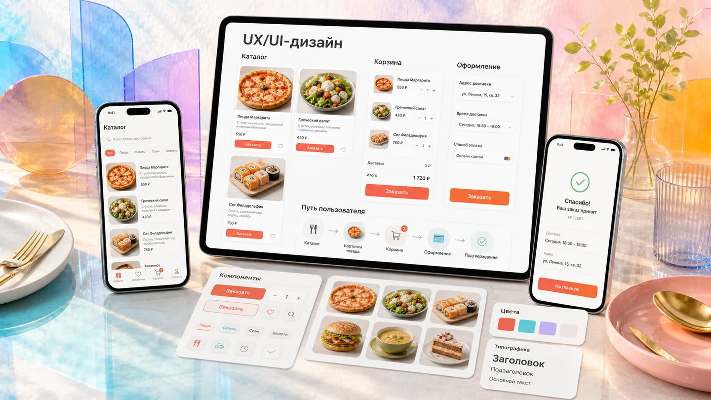 UX/UI-интерфейс сервиса доставки еды на компьютере и телефоне