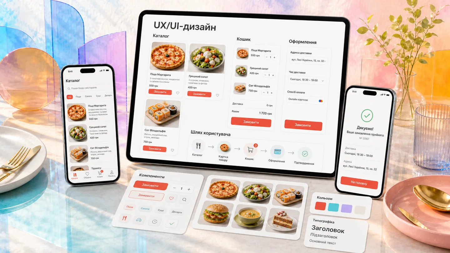UX/UI-інтерфейс сервісу доставки їжі на комп’ютері та телефоні